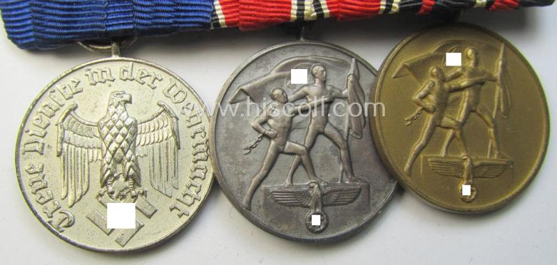 3-pieced WWII-period medal-bar (ie. 'Ordenspange') of the desirable 'detachable'-pattern showing resp. a: 'WH-Dienstauszeichnung der 4. Stufe' and two (Austrian and/or Czech) 'Anschluss'-medals