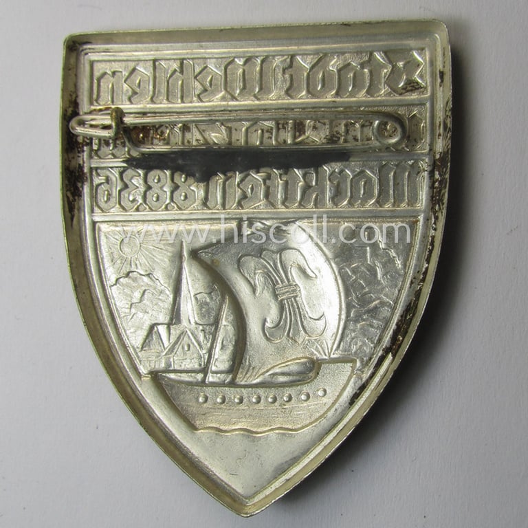 Commemorative, tin-based and silver-toned: N.S.D.A.P.-related 'tinnie' showing a sailing 'Hansa'-ship coupled with the text: 'Stadt Wehlen und Pötzscha - Marktfest - 8.8.36'