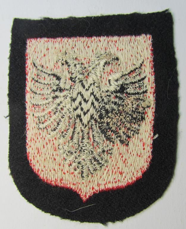 Waffen-SS 'volunteer'-arm-shield as was intended for usage by soldiers of the: '21. Waffen-Grenadier-Division der SS' “Skanderbeg” (ie. 'albanische Nr. 1') and that comes in a 'virtually mint- ie. unissued', condition