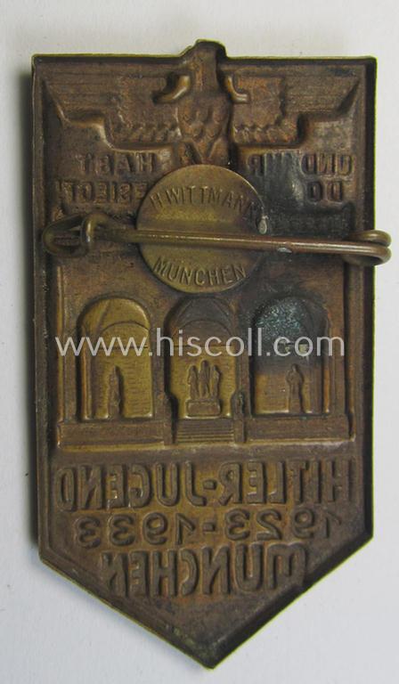 Very attractive - and actually scarcely encountered! - HJ (ie.'Hitlerjugend') related 'tinnie' (ie. 'Veranstaltungsabzeichen') being a clearly maker- (ie. 'H. Wittmann'-) marked example showing the text: 'Hitler-Jugend 1923-1933 München'