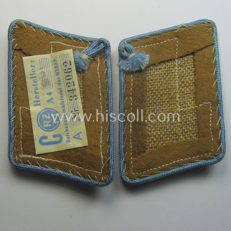 Pair of N.S.D.A.P.-type collar-patches (ie. 'Kragenspiegel für pol. Leiter') being a pair as was intended for an: 'N.S.D.A.P.-Hauptstellenleiter' at 'Orts'-level that still shows its period-attached 'RzM'-etiket