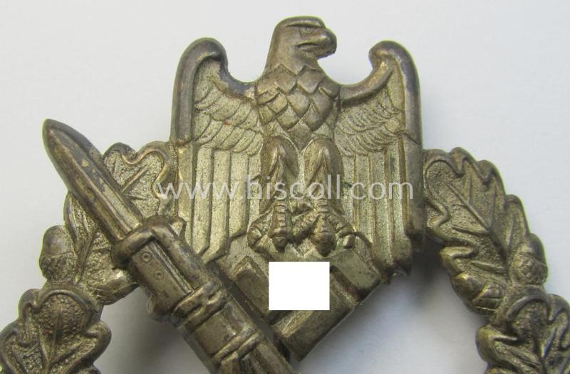 Superb, 'Infanterie Sturmabzeichen in Silber' (or: silver-class infantry-assault-badge ie. IAB) being a non-maker-marked, 'Buntmetall'-based so-called: 'hollow-back'-example as was produced by the: 'Otto Schickle'-company