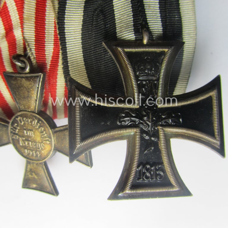 Three-pieced, 'WWI'-related medal-bar (ie. 'Ordenspange') resp. depicting a WWI-period: 'EK II.Kl.', a neatly enamelled 'Hanseatenkreuz Bremen' and a: 'FKK 1914-18 mit Schwn.'