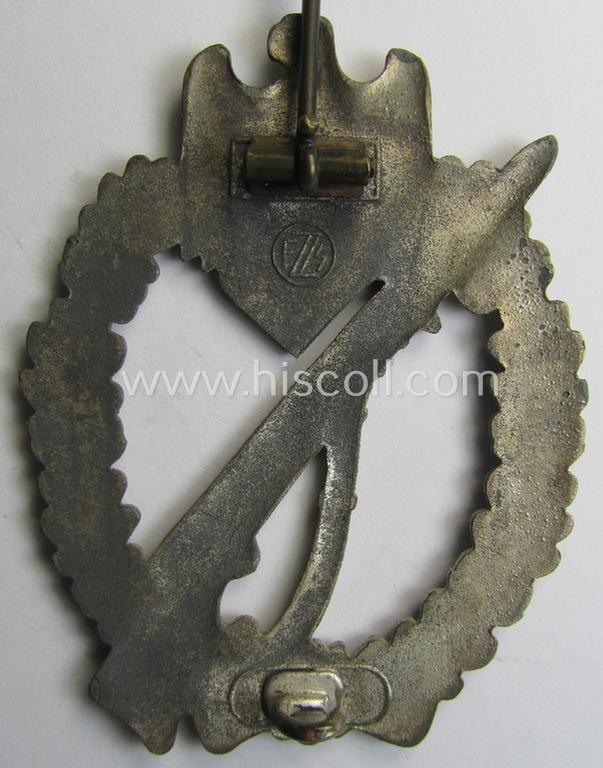 Zinc- (ie. 'Feinzink'-) based, 'Infanterie-Sturmabzeichen in Silber' being a maker- (ie. 'FZZ'-) marked example as being produced by the: 'Fritz Zimmermann'-company