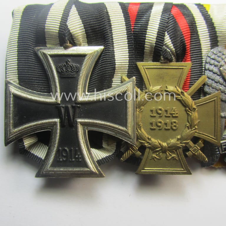 Superb - and unusually found! - WWI-period so-called: 'Ordenspange' (being of the non-'detachable-pattern') showing resp. an: 'EK II. Kl.'., a: 'FKK 1914-18 mit Schwn.' and a: 'Schlesisches Bewährungs-Abzeichen der 2. Stufe o. Schwn.'