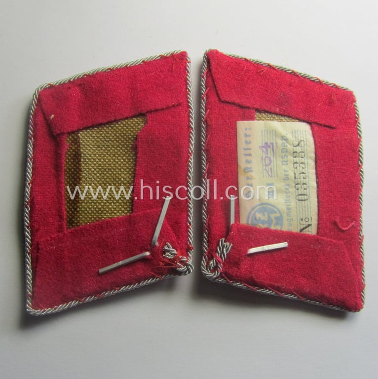 Pair of high-ranked SA (ie. 'Sturmabteilungen') hand-embroidered, bright-pink-coloured general-officers'-type collar-tabs (ie. 'Kragenspiegel für Generale der Oberste SA-Führung') for an: 'SA-Obergruppenführer' (still retaining its 'RzM'-etiket)