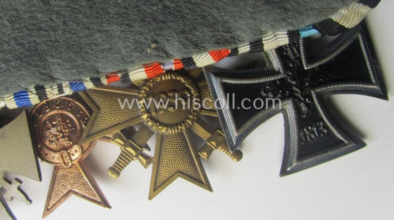 4-pieced, WWI- (ie. TR-) period medal-bar (ie.: 'Ordenspange') resp. showing a WWI-pattern: 'EKII. Kl.', a: 'KvK II.Kl. mit S.', a: 'Bayern Militär-Verdienstkreuz 3. Kl. mit Schwn.' and a: 'FKK 1914-18 mit Schwn.'