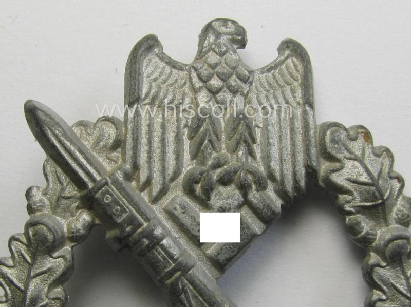 Attractive, 'Infanterie Sturmabzeichen in Silber', being an unmarked (and/or converse- ie. vaulted-) 'hollow-back' example by the maker: 'Friedrich Linden' (ie. 'F.L.L.') as executed in greyish-silver-coloured, zinc-based metal (ie. 'Feinzin...