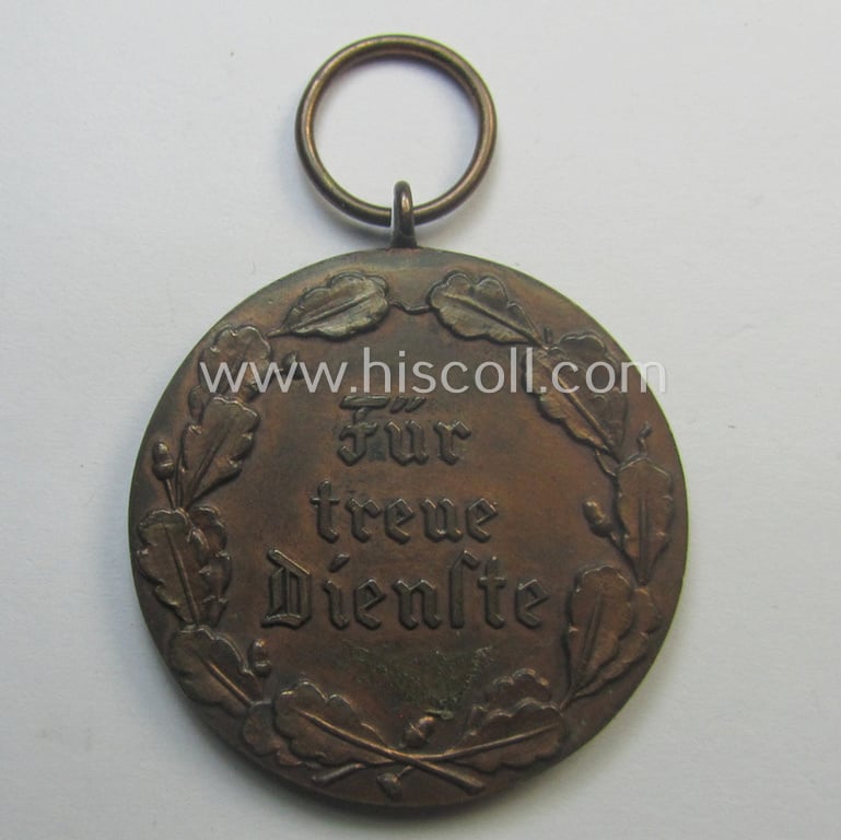 Darkened golden-bronze-toned, typical 'Reichsnährstand'- (ie. 'RNSt.'-) related, (portable) loyal-service award entitled: 'Reichsnährstand - Landesbauernschaft Pommern - Für treue Dienste'