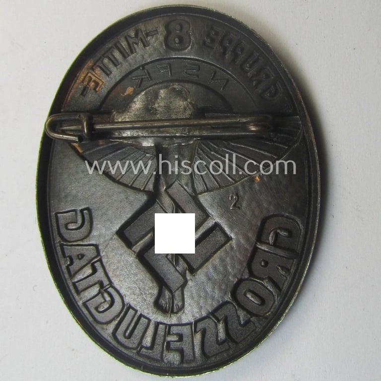 Attractive, reddish-bronze-toned N.S.F.K.-related day-badge (ie. 'tinnie') being a non-maker-marked example as was issued to commemorate a specific meeting ie. national rally entitled: 'N.S.F.K. Grossflugtag - Gruppe 8 Mitte'