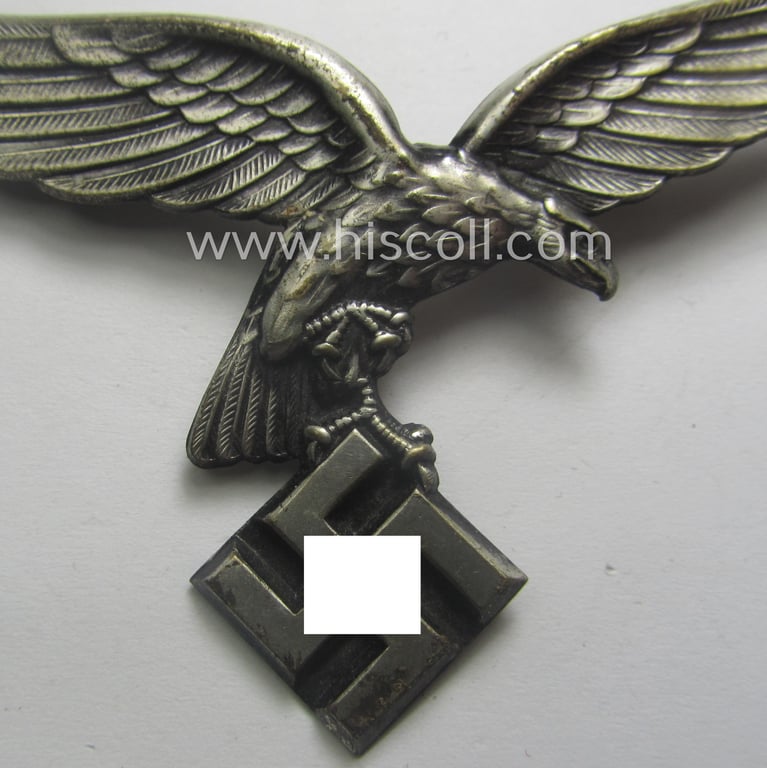 Attractive, silver-coloured- (and/or I deem tin-based), WH (Luftwaffe) related so-called: 'photo-album-device', being a larger-sized & non-maker-marked example depicting an early-period- ie. 'down-tailed' eagle-device
