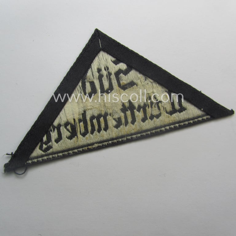 'HJ' ('Hitlerjugend') ie. 'BDM' ('Bund Deutscher Mädel'-) district-triangle (ie. 'Gebietsdreieck') entitled: 'Süd Wurttemberg' being a moderately used- ie. worn example