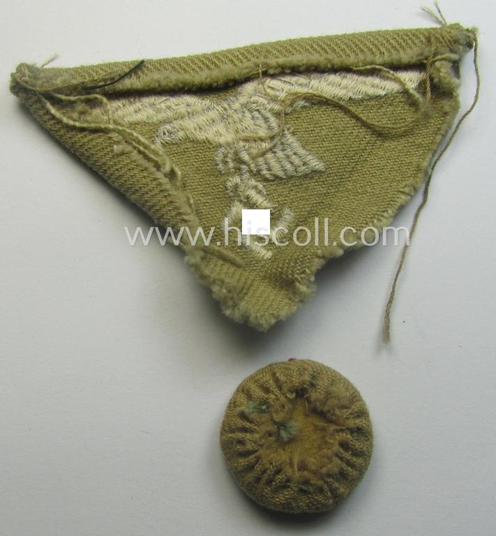 Moderately used and/or carefully cap-removed, WH (Luftwaffe) 'tropical-issued' cap-eagle and cocarde-set as was specifically intended for usage onto the tropical-styled LW side-caps (ie. 'Schiffchen')