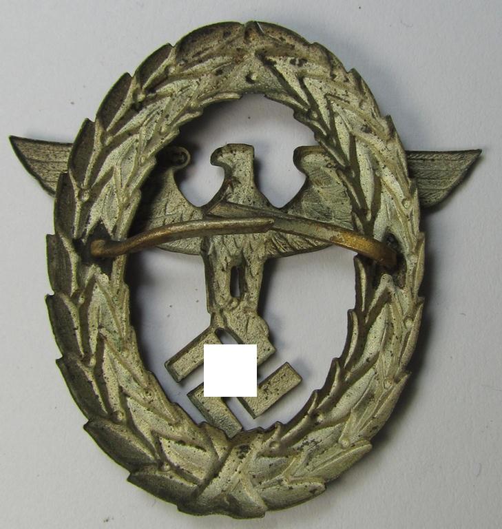 Attractive - and typical aluminium-based - 'Polizei'- (ie. police) cap-badge being a silverish-grey-coloured, '1937'-dated and/or: 'Ges.Gesch.'-marked example depicting the text: 'Landwacht'