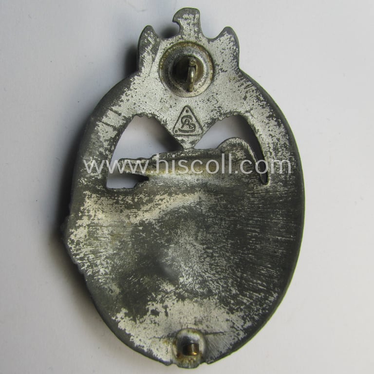Incomplete 'Panzerkampfabzeichen in Silber' (or: silver-class panzer-assault badge or PAB) being a maker- (ie. 'AS' in a triangle-) marked- and/or typical zinc- (ie. 'Feinzink'-) based specimen as was procuced by a to date unknown maker