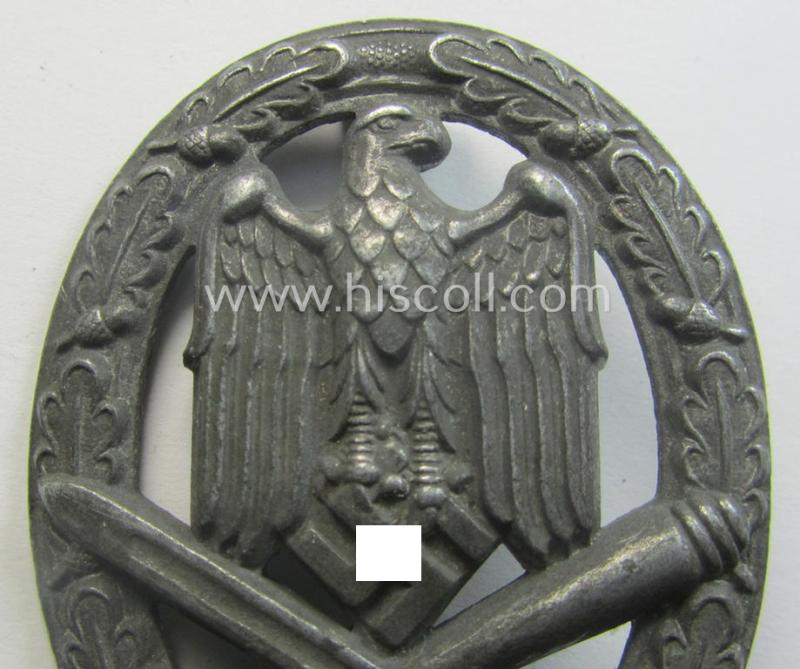 'Allgemeines Sturmabzeichen' (or: General Assault Badge ie. GAB) being a typical unmarked, zinc- (ie. 'Feinzink'-) based so-called: 'flat-back'-pattern by a (by me) unidentified maker
