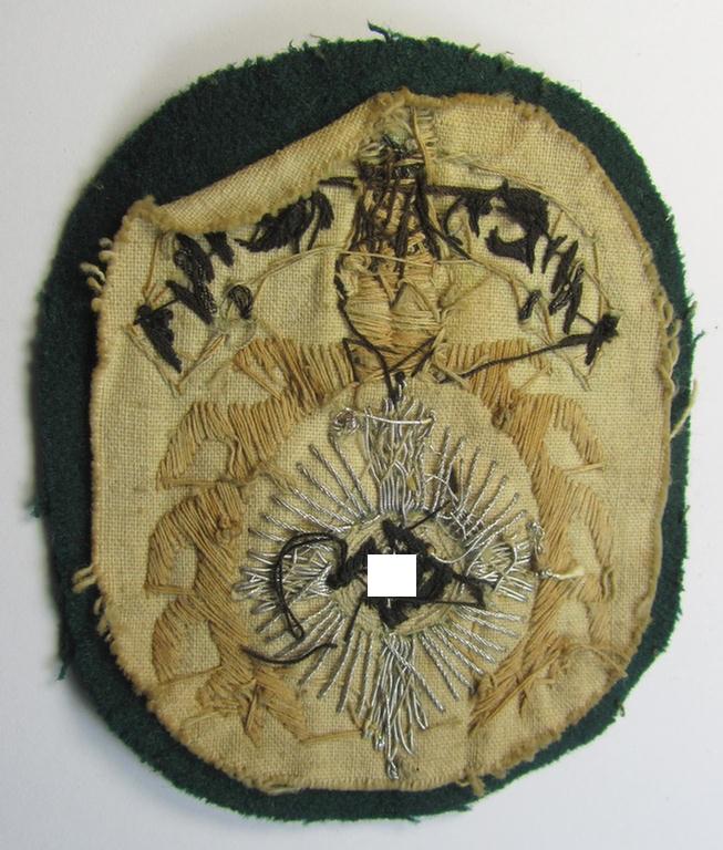 Interesting - and with certainty rarely seen! - neatly hand-embroidered, so-called: 'Reichsbund Deutsche Jägerschaft' (ie. 'DJV') arm-patch (ie. 'Ärmelabzeichen')