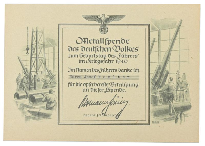 German Third Reich Metall Collection Certificate