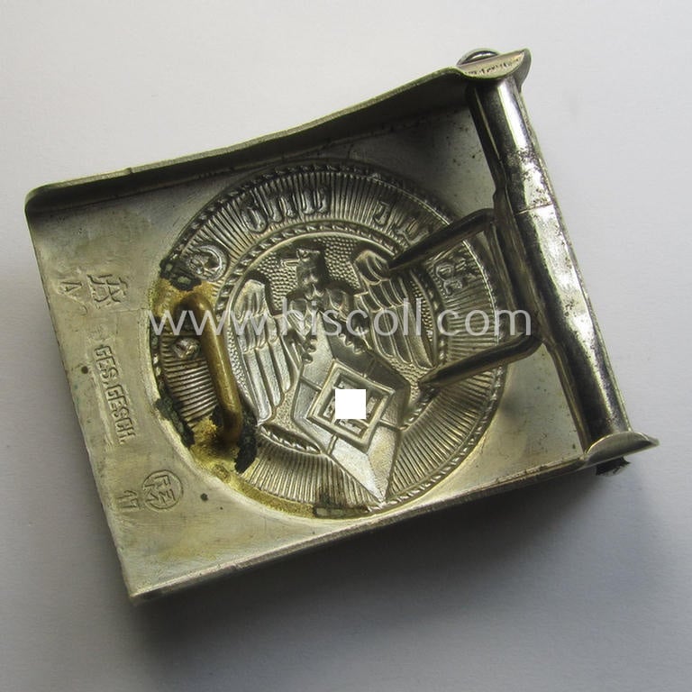 HJ (ie. 'Hitlerjugend') nickle-chrome-based belt-buckle being a neatly (double!) maker (ie. 'RzM 17' and/or 'A' ie. 'Assmann & Söhne') marked specimen
