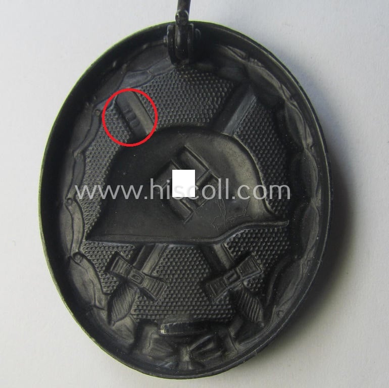 'Verwundeten-Abzeichen in Schwarz' (or: black-class wound-badge) being a neatly maker- (ie. '100'-) marked example as was produced by the: 'Rudolf Wächtler u. Lange'-company