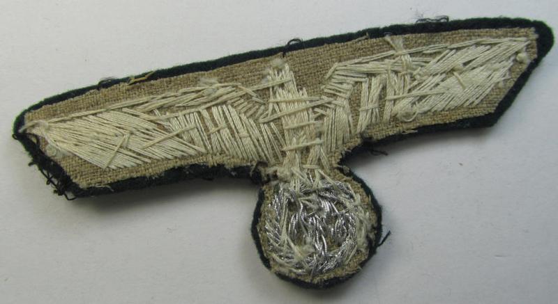 Attractive - and only moderately used! - WH (Heeres) officers'-type, hand-embroidered breast-eagle (ie. 'Brustadler für Offiziere') as was executed in bright-silverish-coloured braid as was intended for usage on the various officers'-pattern tuni...