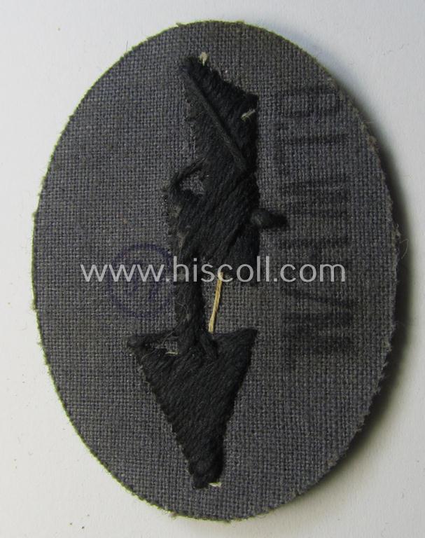 WH (Heeres) trade- and/or special-career-insignia ie. hand-embroidered 'signal-blitz' being a nicely maker- (ie. 'B.L.WH/M.'-) marked example as executed in black linnen as was specifically intended for a soldier within the: 'Pionier-Truppen'