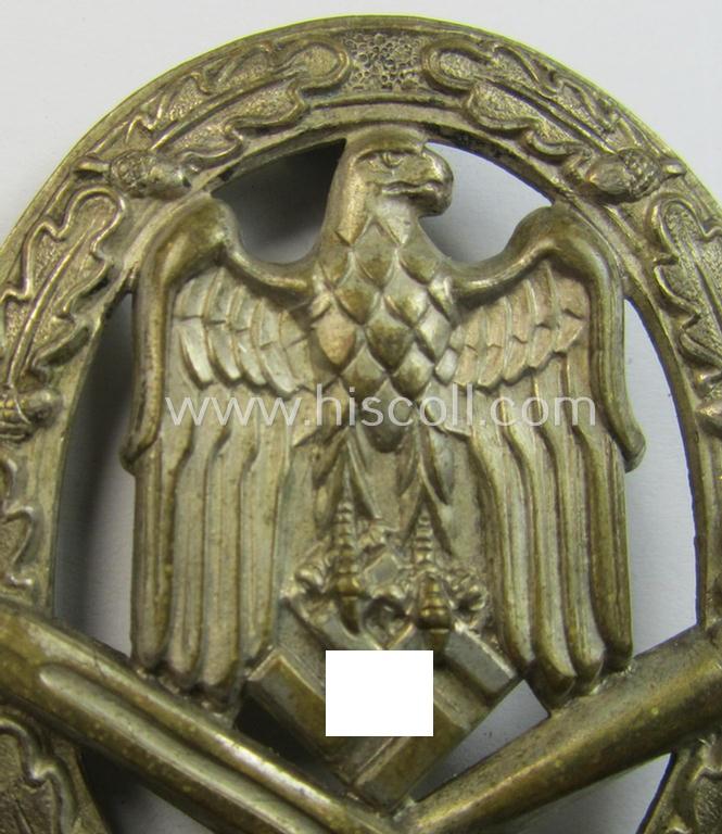 Superb - and moderately worn! - 'Allgemeines Sturmabzeichen' (or: General Assault Badge ie. GAB) being an unmarked, 'Buntmetall'-based- and/or 'hollow-back'-specimen as was produced by the: 'Wilhelm Deumer'-company