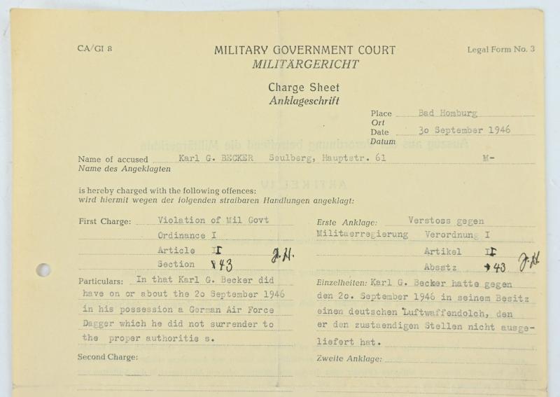 US WW2 Military Court Document 'German Dagger'