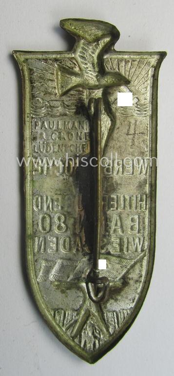 HJ (ie. 'Hitlerjugend') related 'tinnie' ie. 'Veranstaltungsabzeichen' being a maker- (ie. 'Paulmann u. Crone'-) marked example showing a sunburst, sea-gull and HJ-flag-bearer and text: 'Werbewoche der Hitler Jugend - Bann 80 - Wiesbaden'