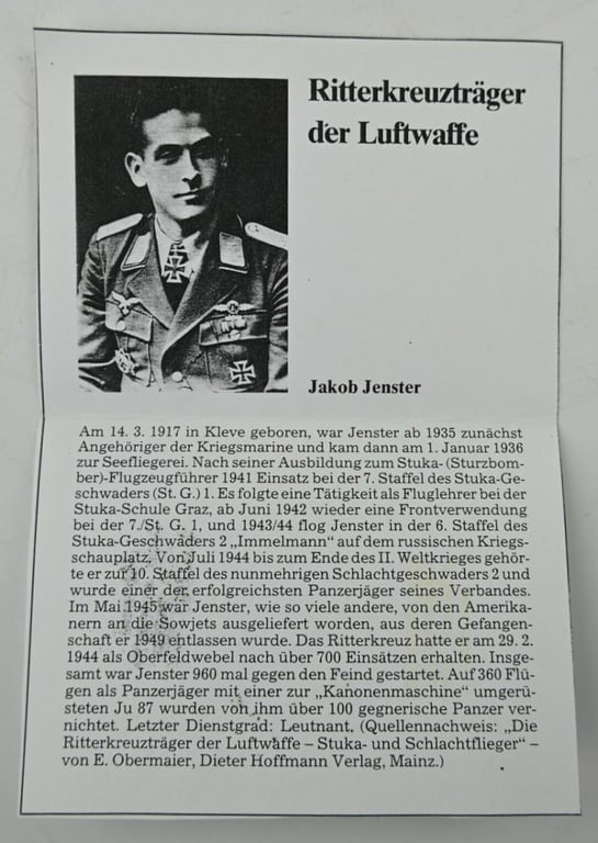 Signature of Luftwaffe KC Recipient 'Jakob Jenster'