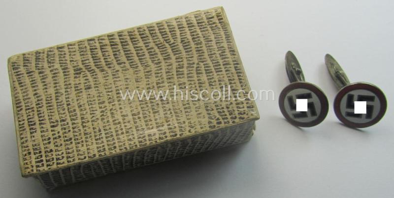 Unusually found - and actually rarely seen! - pair of neatly enamelled so-called: 'Machetenknöpfe' (ie. cuff-links) being attractive examples (and that come stored in their period carton-based etui)