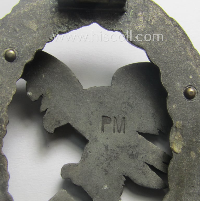 WH (Luftwaffe) 'Flugzeug-Beobachter-Abzeichen' (ie. observers'-war-badge) being a neatly maker- (ie. 'PM'- ie. 'Paul Meybauer'-) marked and/or: typical zinc- ie. 'Feinzink'-based example