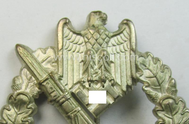 'Infanterie Sturmabzeichen in Silber' being a non-maker-marked  & 'hollow-back'-pattern example as executed in silver-toned metal (ie. 'Buntmetall' ie. Tombak) by the: 'Wilh. Deumer'-company
