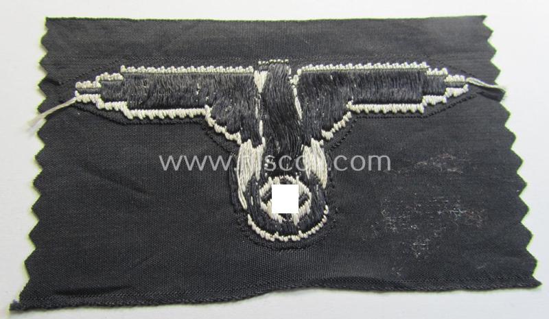 Superb, mid- (ie. later-war-) pattern, 'SS' (ie. 'Waffen-SS') so-called: 'BeVo-weave-style', enlisted-mens'- ie. NCO-pattern arm-eagle (ie. 'Ärmeladler für Mannschaften u. Unterführer') as was intended for usage by the various Waffen-SS troo...