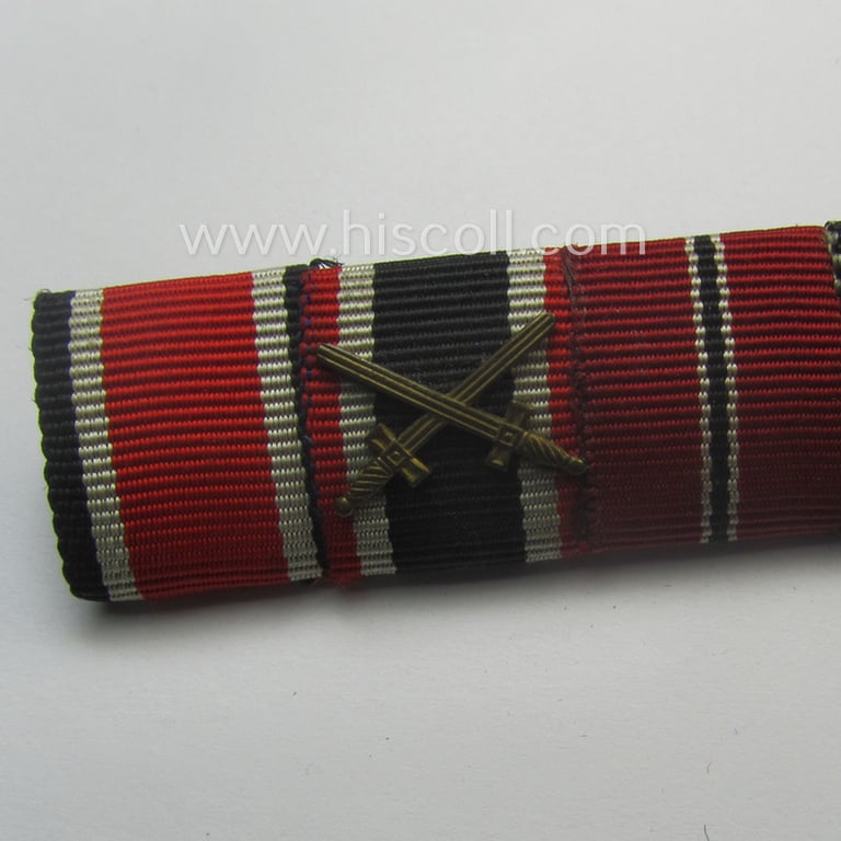 7-pieced, WH (Heeres etc.) medal-bar (ie. 'Feld- o. Bandspange') showing resp. the ribbons for an: 'EK II. Kl.', a: 'KvK II. Kl. mit Schwn.', an: 'Ost'-medal, a: Czech 'Anschluss'-medal, a: 'Westwall'-medal and two WH 'Dienstauszeichnungen'