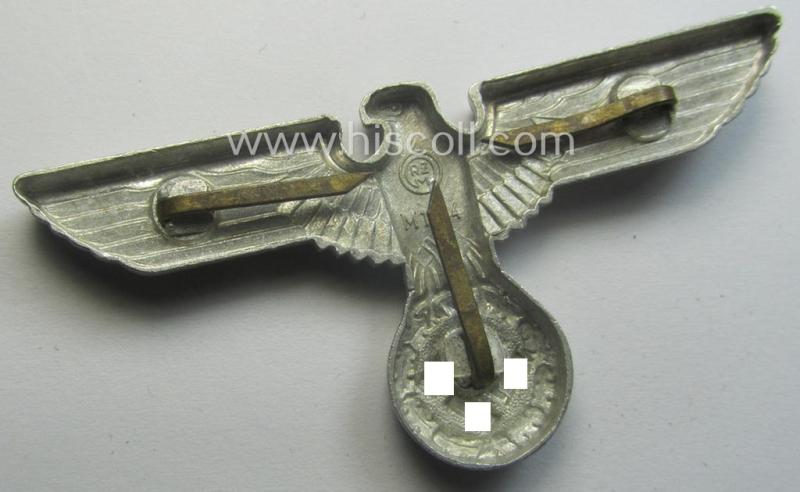 Bright-silver-coloured- and/or: aluminium-based (political-style) visor- (ie. 'Schirmmützen'-) cap-eagle being a detailed example that is neatly: 'RzM' and/or: 'M1/44' marked