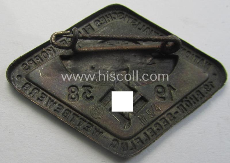 Bronze-toned, N.S.F.K.-related day-badge (ie. 'tinnie') being a neatly maker- (ie. 'RzM M9/4'-) marked example as was issued to commemorate a specific meeting ie. national rally entitled: '19. Rhön-Segelflug Wettbewerb 1938'