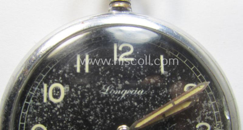 Attractive - and scarcely encountered! - 'Deutsche Wehrmacht'- (ie. typical WWII-period!) pocket-watch (ie. 'Dienstuhr') of the make: 'Longeau' having a black-coloured dial-plate and/or engraved back-plate that reads: 'D 1148 4372 H'