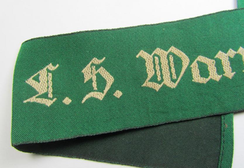 Attractive, linnen-based- and/or bright-green-coloured cuff-title (ie. 'Ärmelstreifen') depicting the text: 'L.S. Warndienst', as was intended for staff-members of the German RLB (ie. 'Reichsluftschutz-Bund')