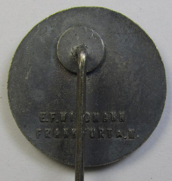 Attractive, zinc- (ie. 'Feinzink'-) 'N.S.D.A.P.'-related supporter-pin- (or: 'Freiheitsbund-Abzeichen') being a maker- (ie. 'E.F. Wiedmann'-) marked example showing the text: 'Opferring Gau Hessen-Nassau'