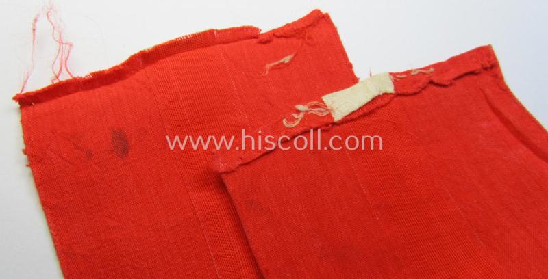 Attractive - and nowadays scarcely found! - 'standard'- (ie. entirely woven) pattern, bright-red-coloured HJ- (ie. 'Hitlerjugend'-) related armband (ie. 'Armbinde') being a moderately worn- ie. used example that regrettably misses its 'RzM'-e...