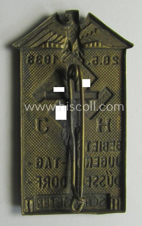 HJ ('Hitlerjugend') related 'tinnie' being a maker- (ie. 'Paulmann & Crone'-) marked example showing the text: 'Schlageter HJ-Gebiets-Jugendtag - Düsseldorf - 28.5.1933'