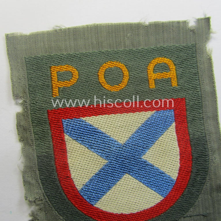 Multi-coloured- and/or 'BeVo'-woven armshield (ie. 'Ärmelschild') as was intended for usage by a Russian volunteer serving within the 'Russian Liberation Army' (ie. 'POA')