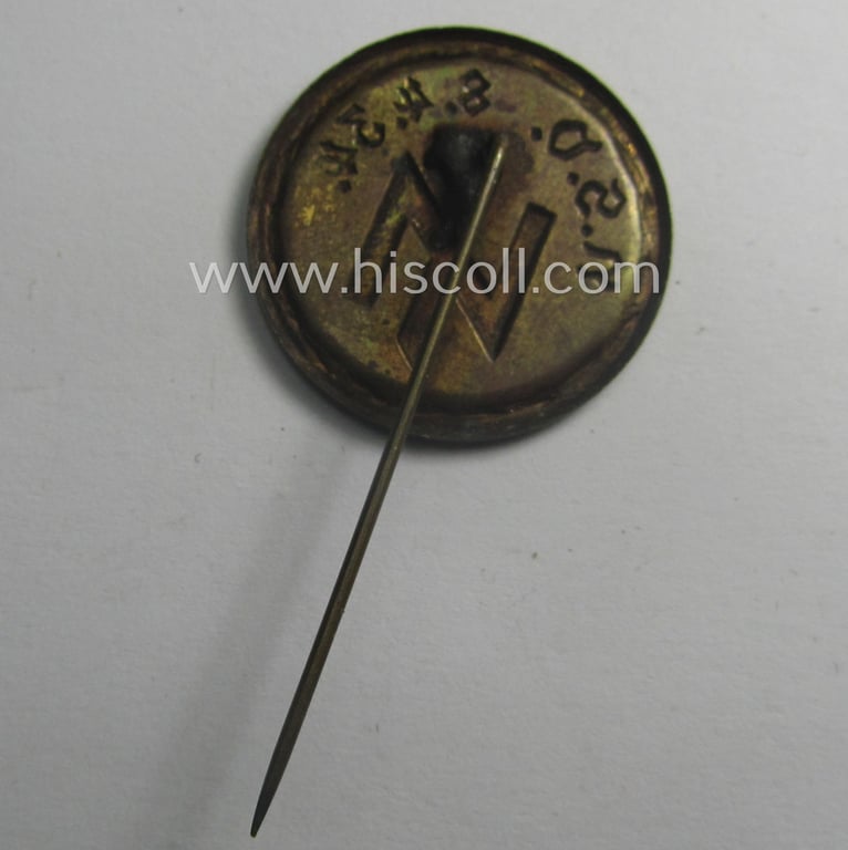 Attractive - and scarcely found! - so-called: N.S.V.- (ie. 'Nationalsocialistische Volkswohlfahrt'-) related, commemorative lapel-pin (ie. 'tinnie') showing a double 'S'-rune-sign and that is entitled: 'N.S.V. - 8-4-34'