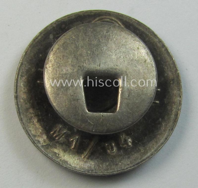 Neatly enamelled- (and bright-red-coloured!) 'N.S.D.A.P.'-membership-pin- ie. party-badge (or: 'Parteiabzeichen') which is nicely maker-marked on the back with the makers'-designation: 'RzM' and/or: 'M1/34'