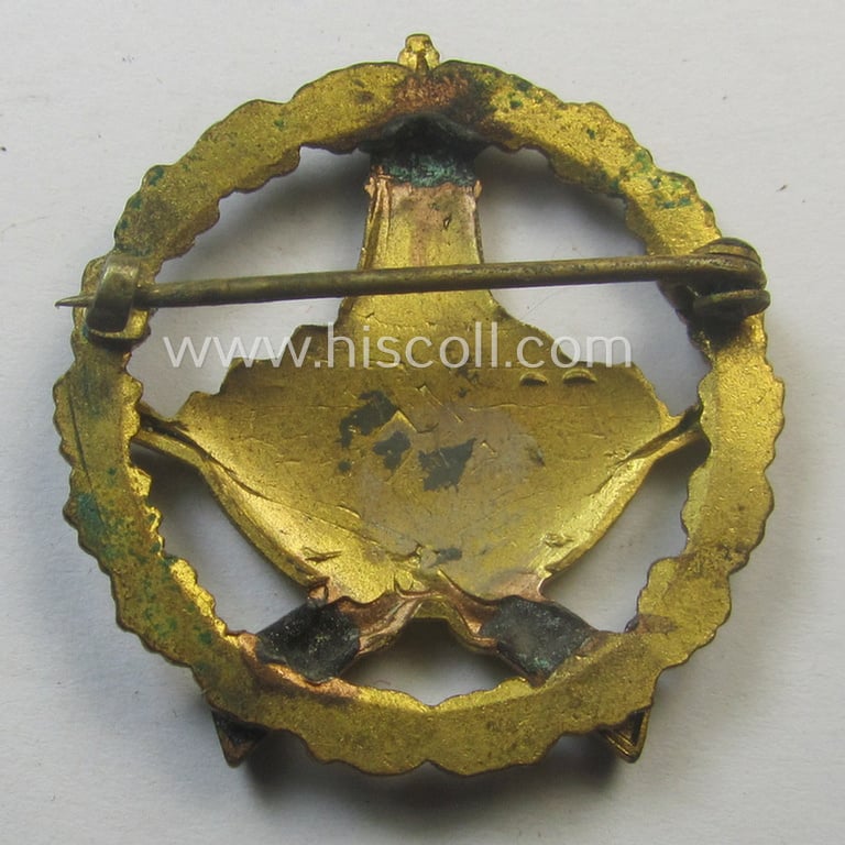 Golden-toned (and enamelled!), D.R.K.B. (or: 'Deutscher Reichskriegerbund' aka 'Kyffhäuserbund') shooting-related lapel-pin (ie. 'Grosse Ehrennadel der Schiessauszeichnung 2. Form') being a non-maker-marked example showing the 'Kyffhäuser'-monument