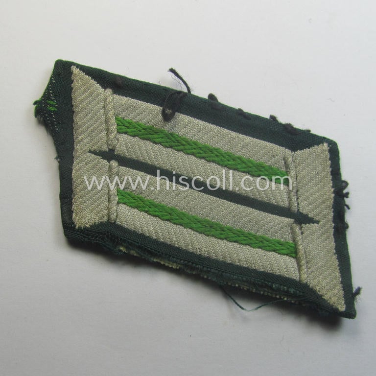 Clearly used and tunic-removed pair of WH (Heeres) (later-war-pattern) officers'-type collar-tabs (ie. 'Kragenspiegel für Offiziere') as executed in 'BeVo'-weave pattern as was intended for an officer serving within the: 'Panzer-Grenadier-Trpn.'