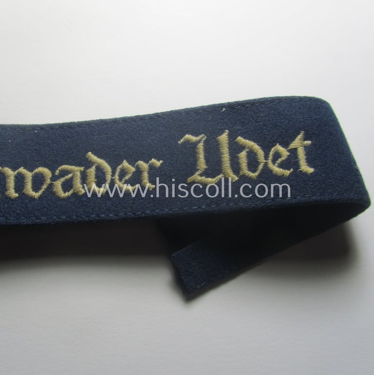 Moderately used, WH (Luftwaffe) cuff-title ie. armband (ie. 'Ärmelstreifen') entitled: 'Jagdgeschwader Udet' that comes in a clearly worn- ie. carefully tunic-removed-, condition