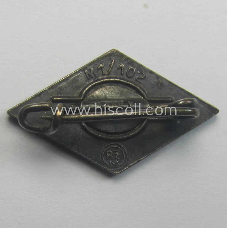 HJ (ie. 'Hitlerjugend') enamelled lapel-pin (ie.: 'Raute') with a: 'RzM - M1/102'-makers'-designation