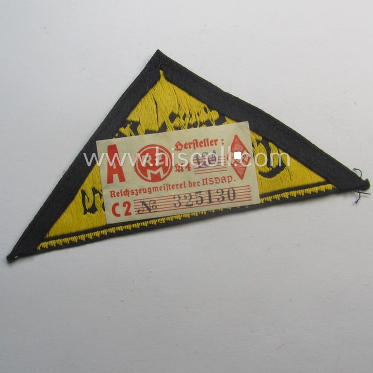 'HJ' ('Hitlerjugend') district-triangle (ie. 'Gebietsdreieck') entitled: 'Südost Oberdonau' (being a 'virtually mint' example that retains its period-attached, paper-based so-called: 'RzM'-etiket)